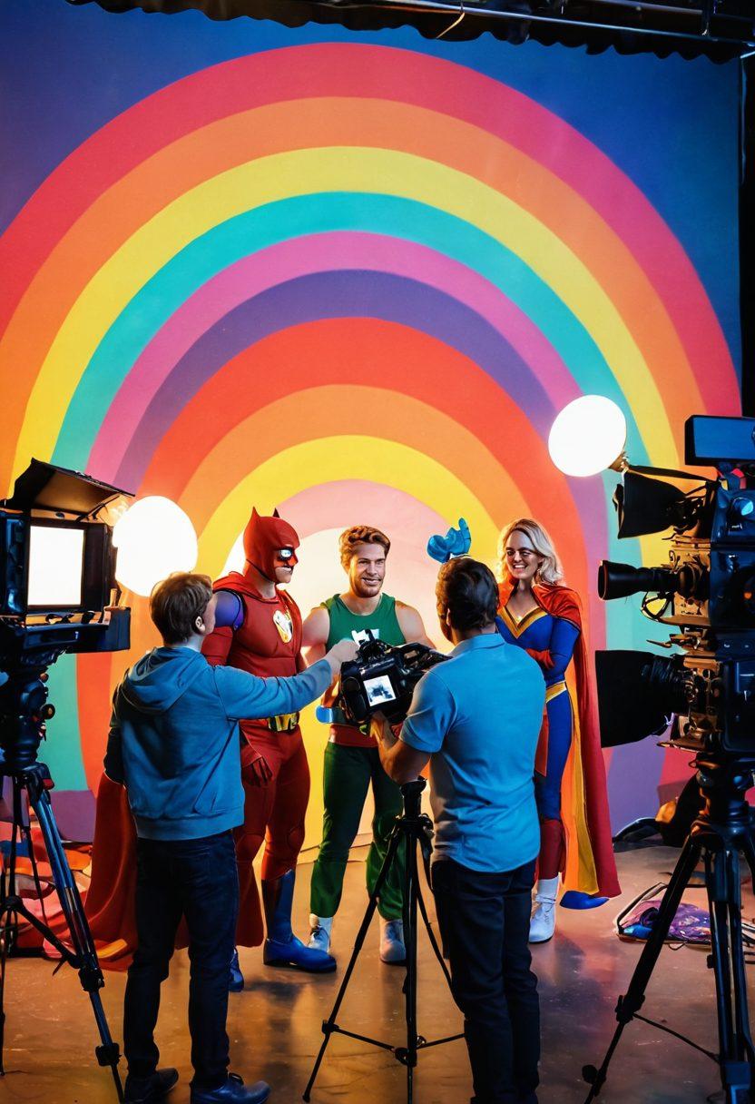 A vibrant film set with a diverse group of joyful filmmakers collaborating enthusiastically. In the foreground, a cheerful director is framing a scene while actors dressed as superheroes showcase their colorful costumes. The background features a large film slate, camera equipment, and bright lights illuminating the scene, symbolizing creativity and happiness. A whimsical rainbow arcs over the set, illustrating the theme of happy endings. colorful, cinematic style, bright colors, dynamic composition.