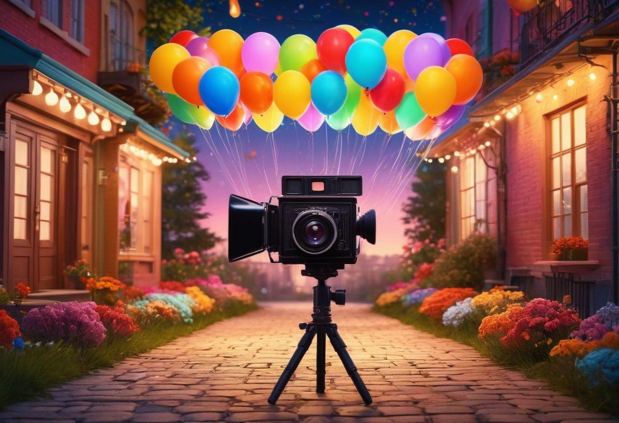 A cinematic scene displaying a vibrant film set with a camera capturing a joyful moment between two characters, surrounded by colorful lights and film reels. The backdrop should feature a sunny park with blooming flowers, symbolizing hope and happiness. Include elements such as a clapperboard, colorful balloons, and a director giving instructions, highlighting the magic of filmmaking and happy endings. The mood should be bright and uplifting. super-realistic. vibrant colors. 3D.