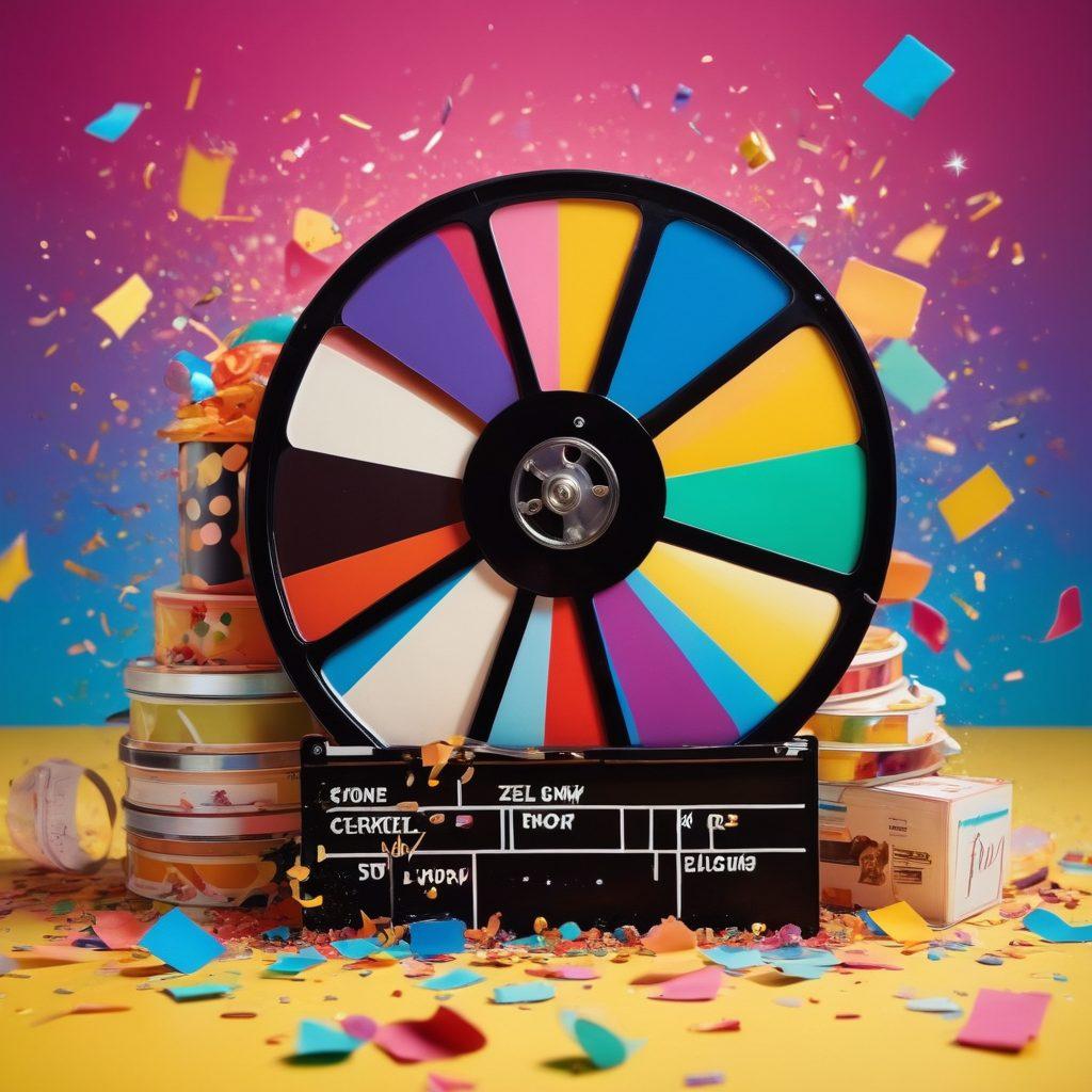A vibrant film reel unspooling across a backdrop of bright, whimsical colors, with iconic film elements like a director's clapboard, smiling characters, and dynamic camera equipment. Include splashes of confetti and joy to embody celebration, featuring a stylized film set in the background. The overall atmosphere should evoke inspiration and creativity. super-realistic. vibrant colors. 3D.